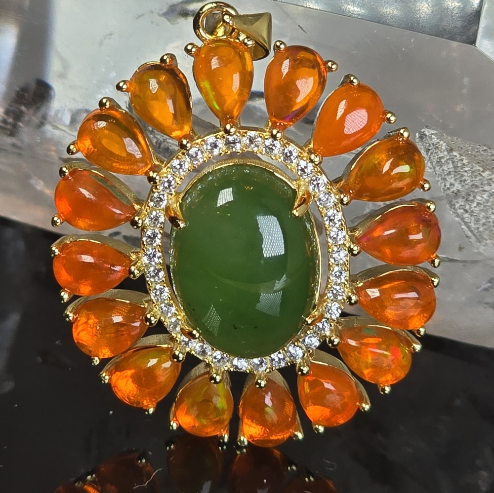 925 Sterling Silver Pendant 2x3cm with Natural Jade & Orange Opal Gems